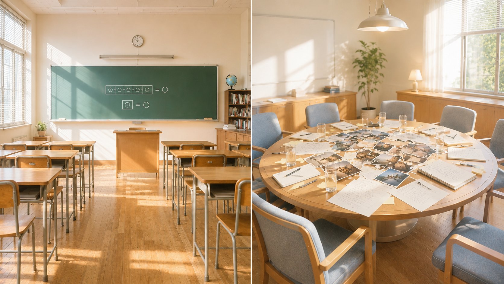 学校の教室と評議室を並べた対比イメージ