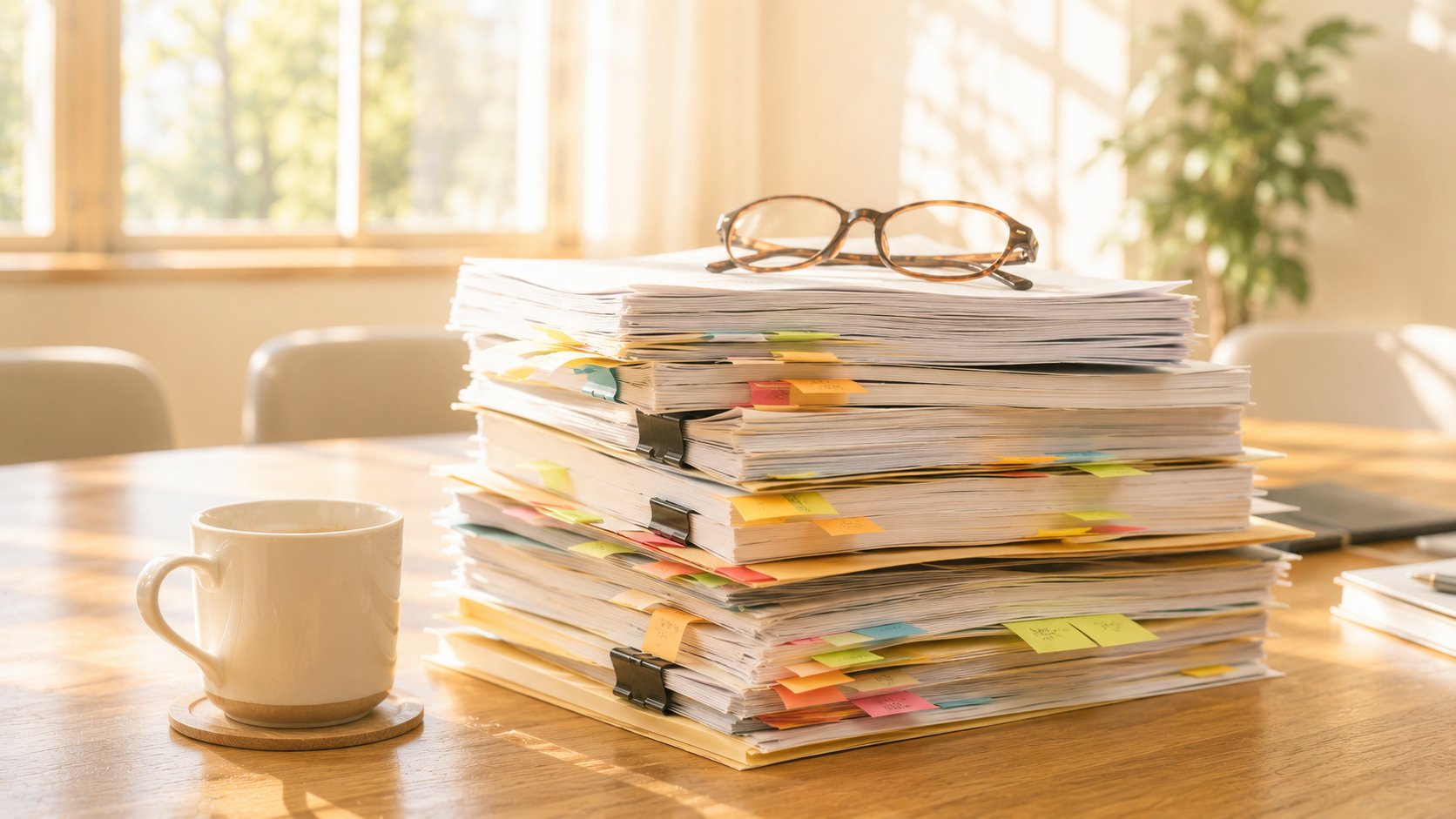朝の光に包まれた、辞書ほどの厚みがある証拠資料の山と読書用メガネ